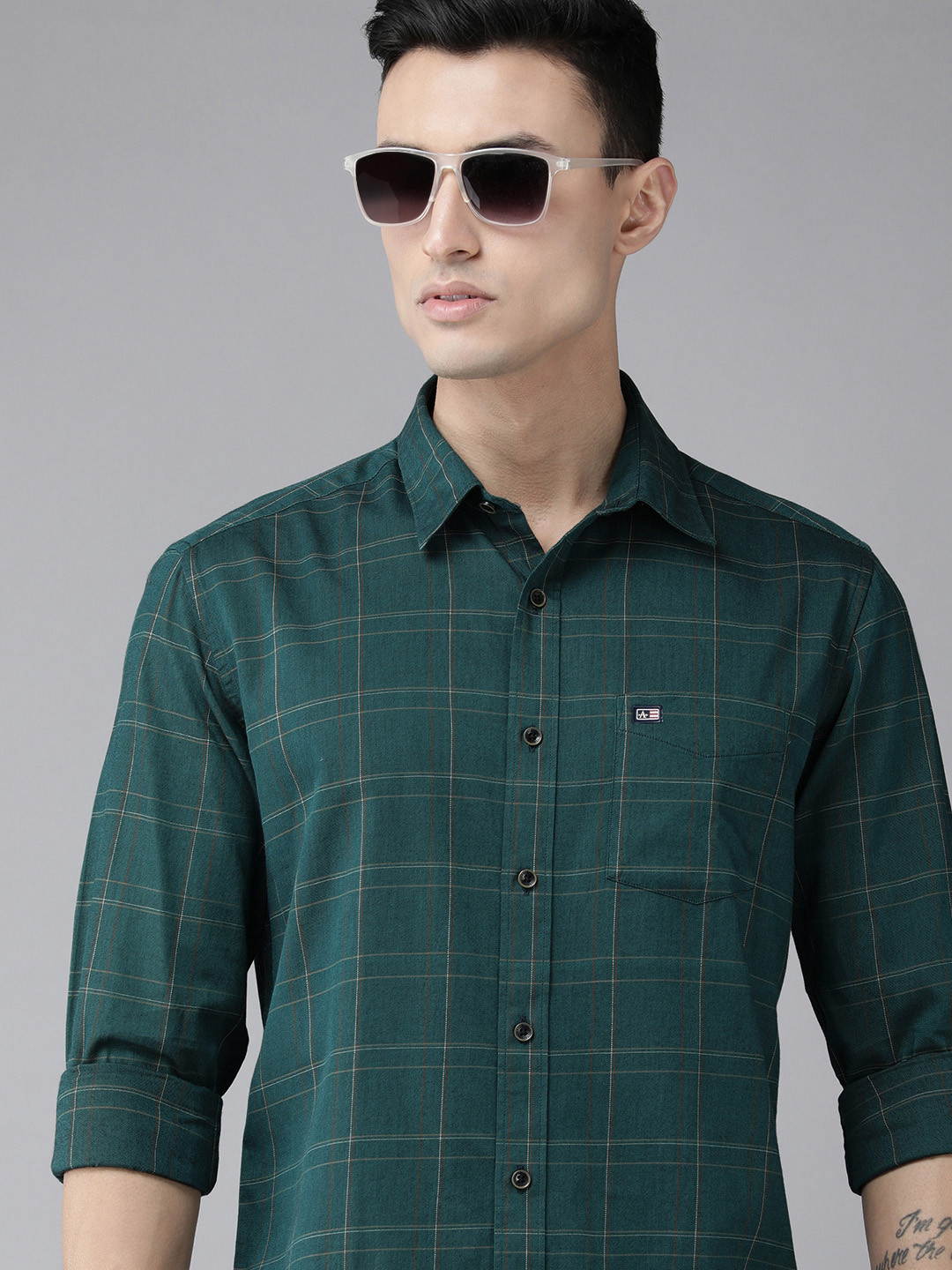 

Arrow Sport Men Teal Green Original Slim Fit Windowpane Checks Opaque Pure Cotton Shirt
