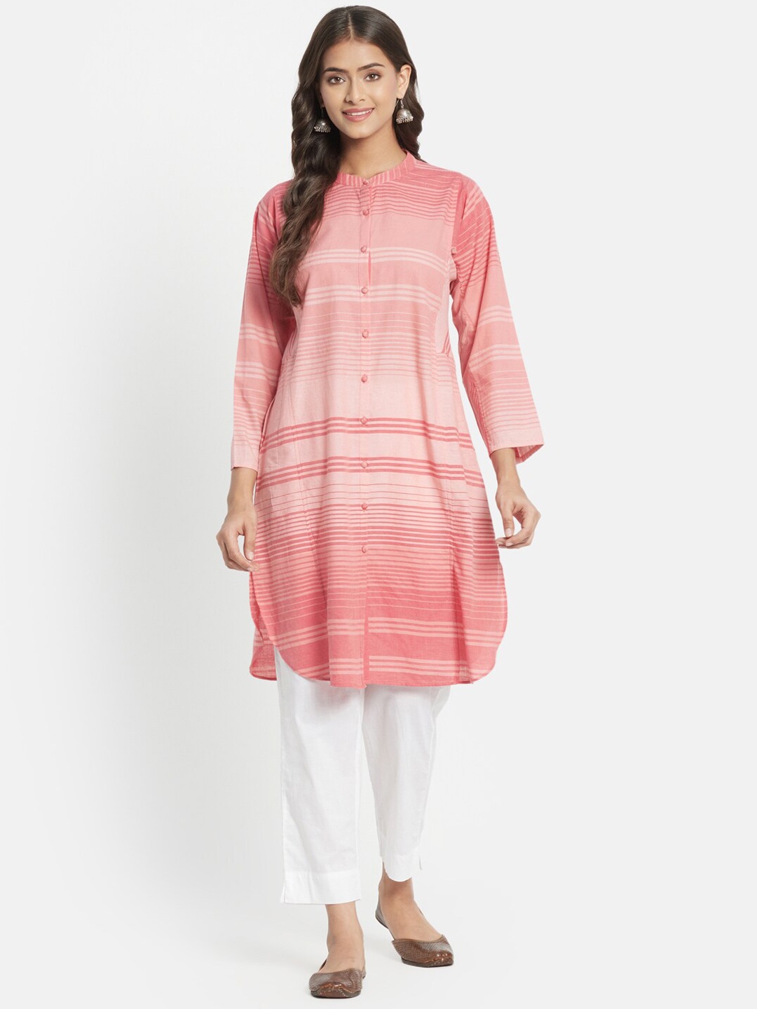 

Fabindia Women Pink Cotton Striped Regular Fit Long Kurta