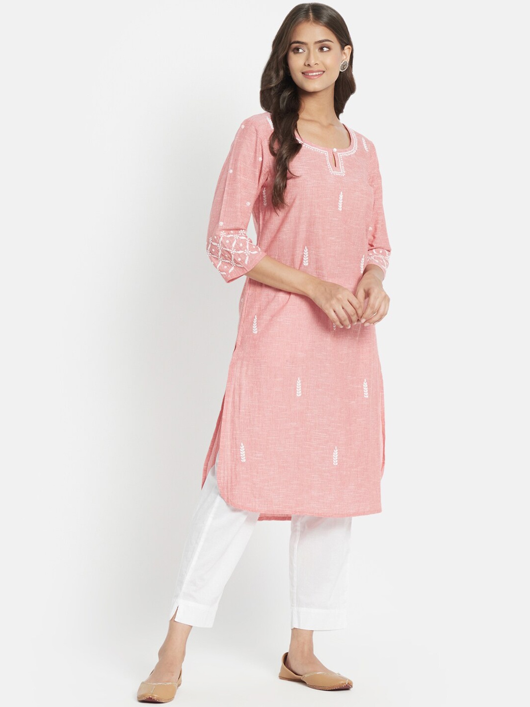 

Fabindia Women Pink Ethnic Motifs Striped Embroidered Keyhole Neck Kurta