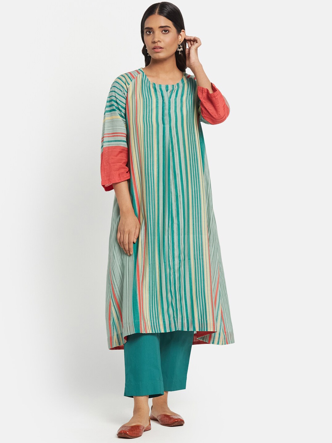 

Fabindia Women 2 Piece Multicoloured Striped Kurta With Trousers, Multi