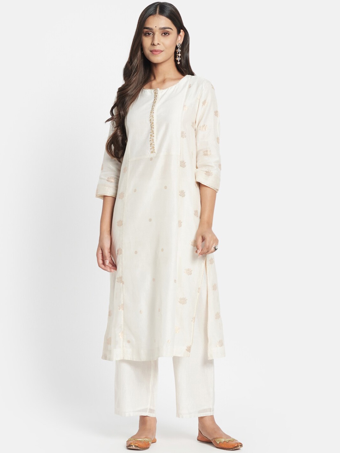 

Fabindia Women Off White Printed Panelled Kurta with Trousers