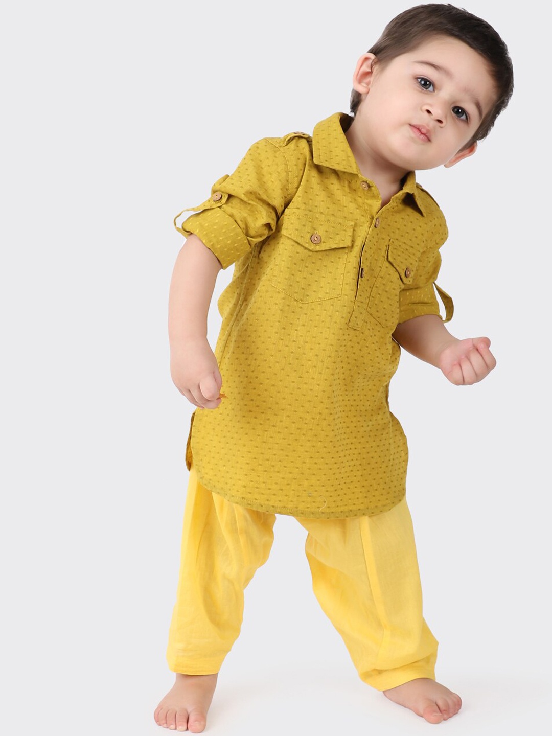 

Fabindia Boys Mustard Yellow Pure Cotton Kurti with Dhoti Pants