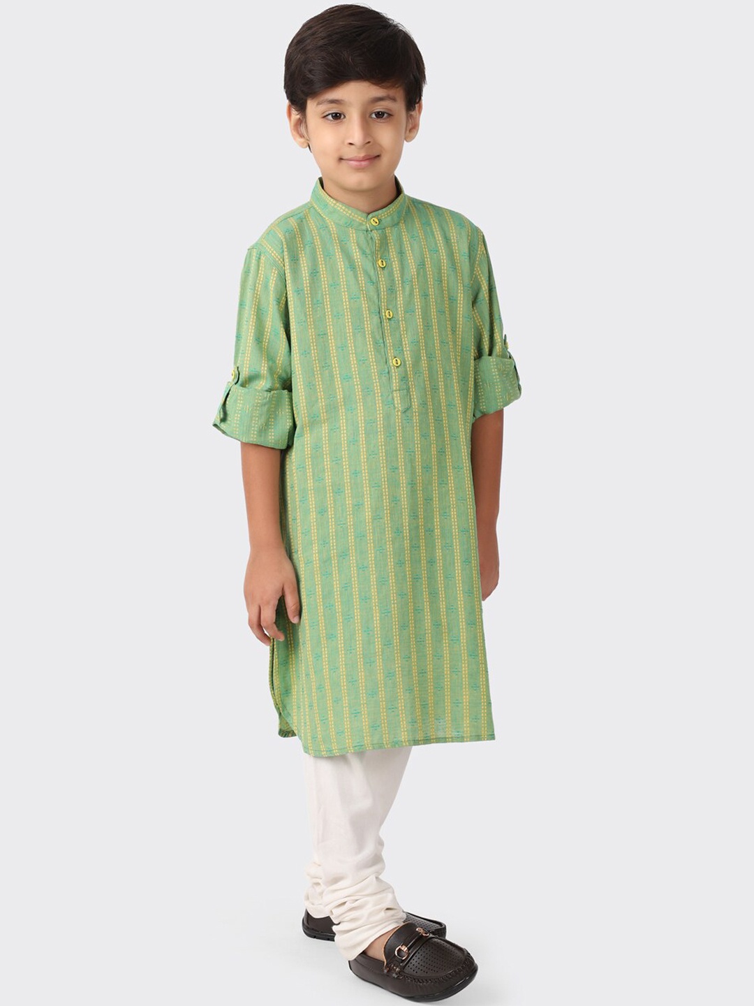 

Fabindia Boys Green & Yellow Thread Work Pathani Kurta