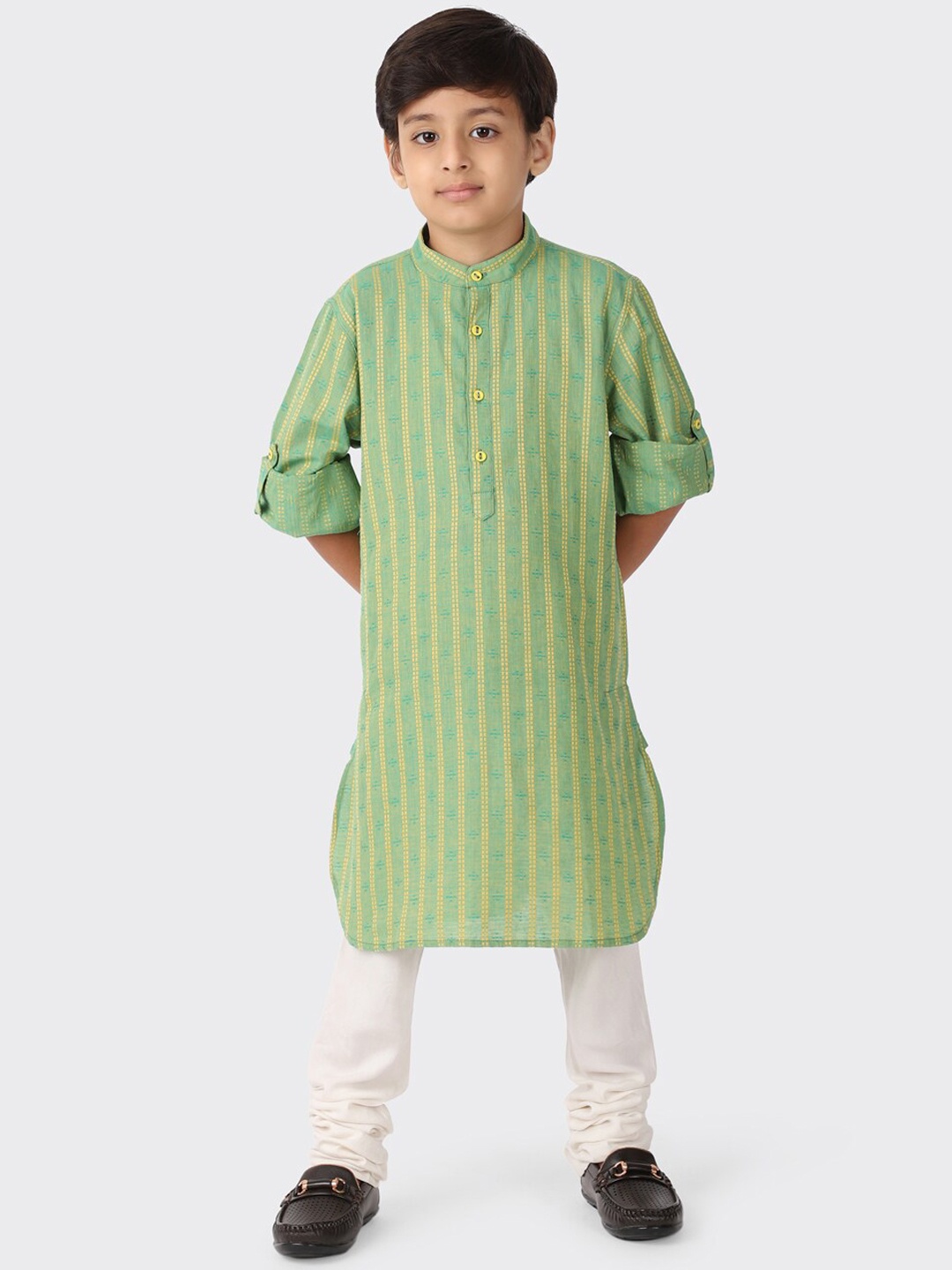 

Fabindia Boys Green Striped Pathani Cotton Kurta