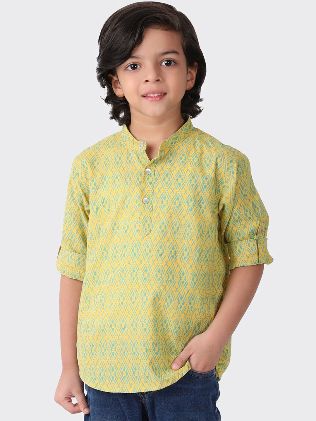

Fabindia Boys Yellow & Green Pathani Kurta