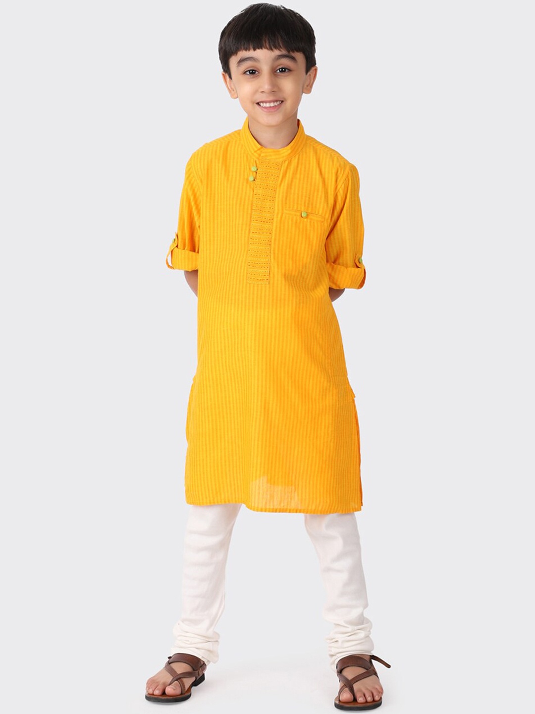 

Fabindia Kids Boys Yellow Striped Thread Work Regular Fit Kurta