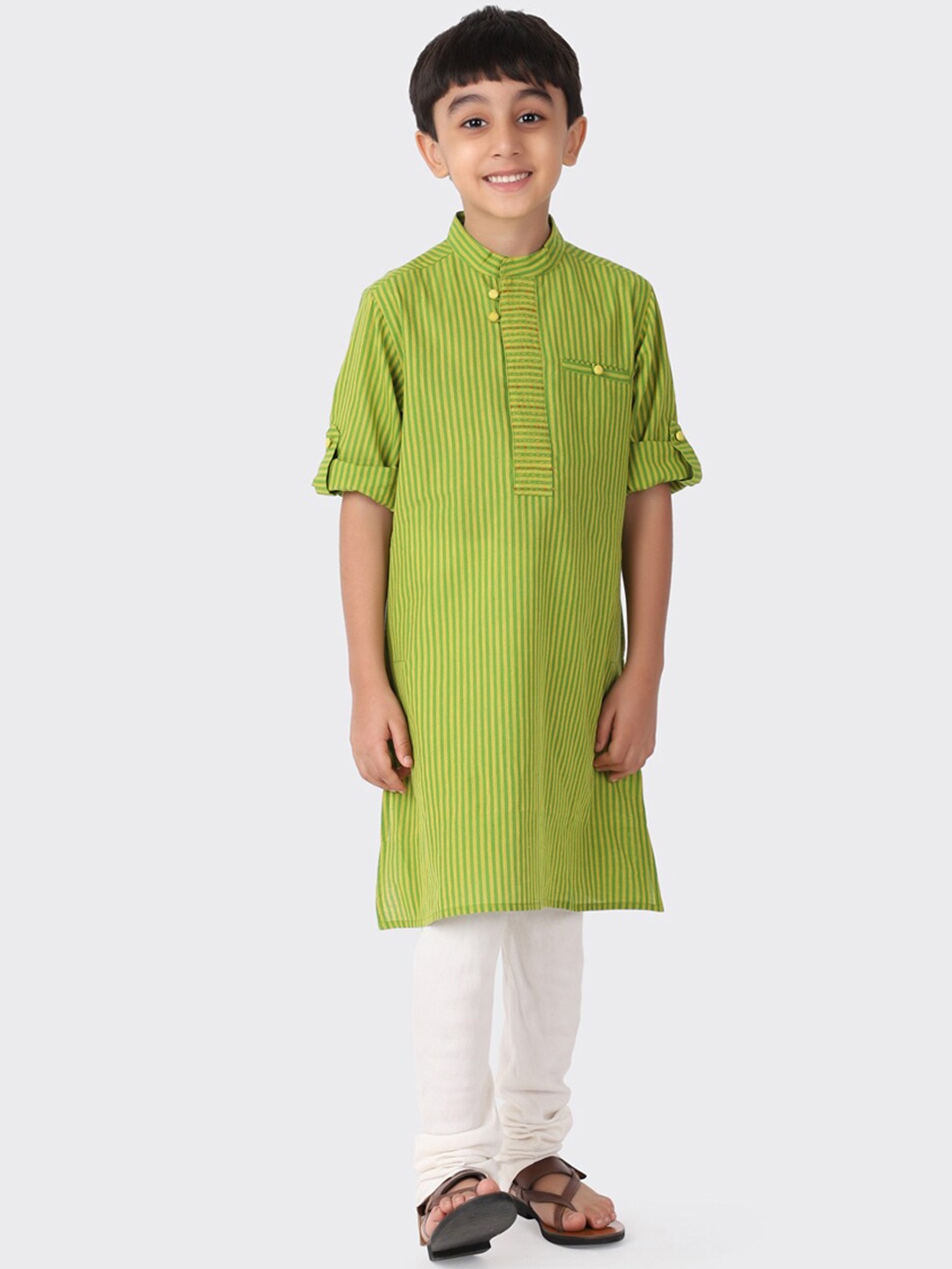 

Fabindia Boys Green Striped Cotton Kurta