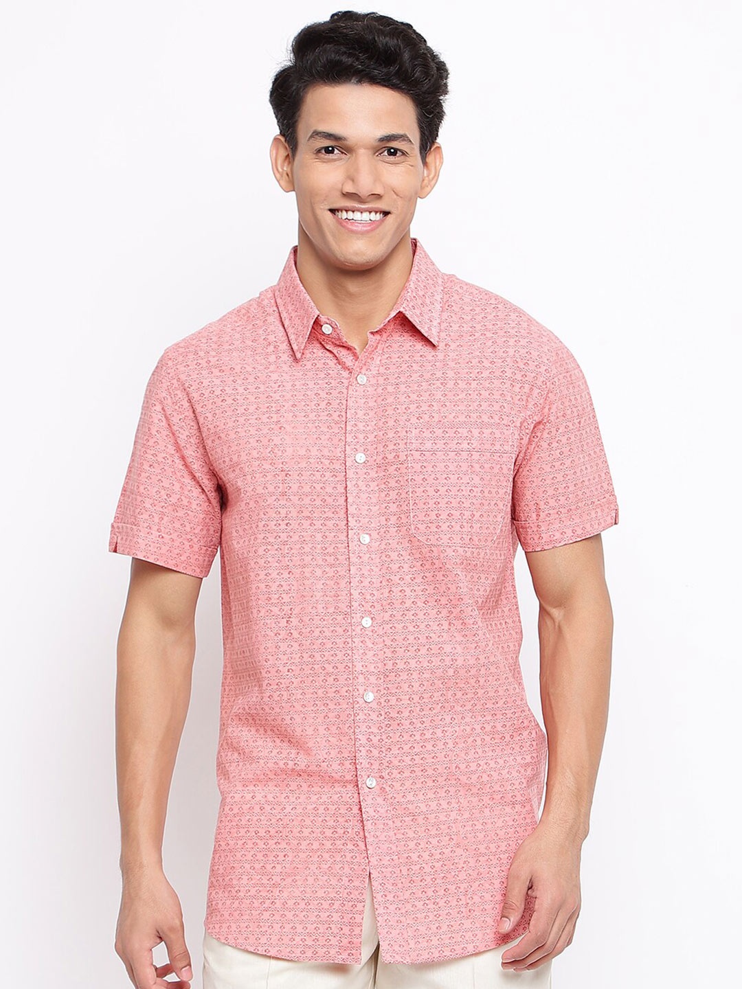 

Fabindia Men Pink Micro Checks Printed Casual Shirt