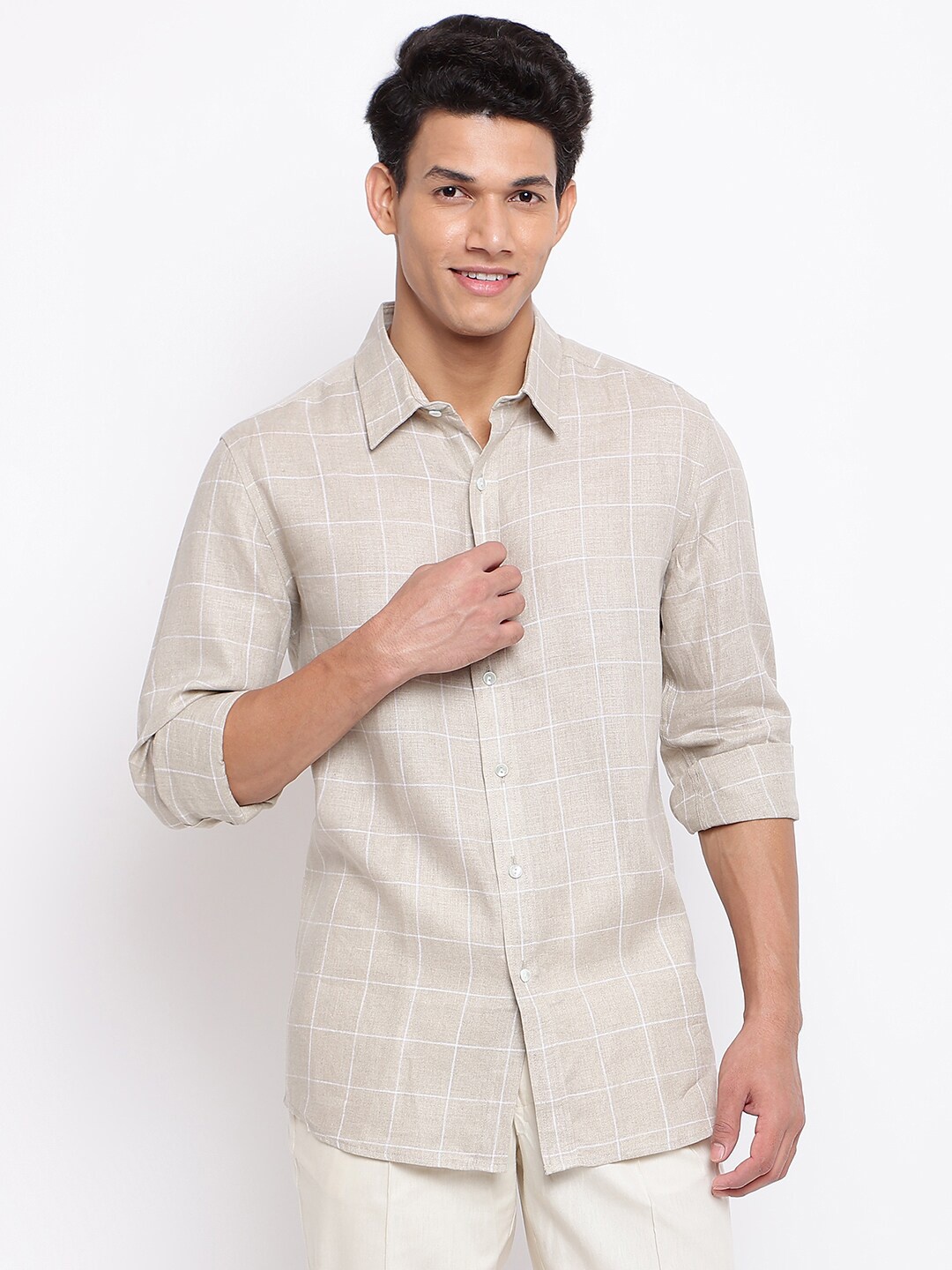 

Fabindia Men Beige Windowpane Checks Checked Casual Shirt