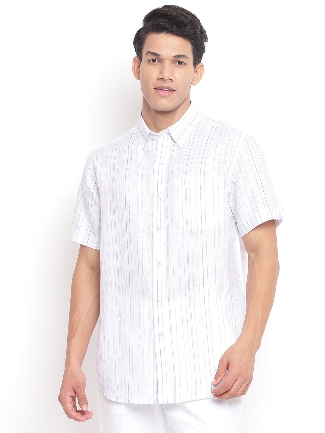 

Fabindia Men White Striped Casual Linen Shirt