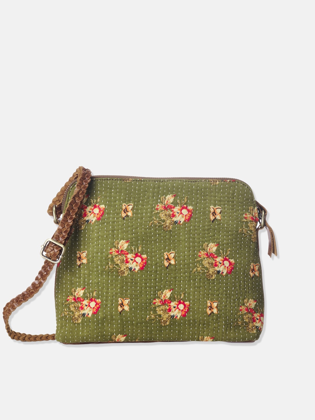 

Fabindia Green Floral Leather Embroidered Sling Bag