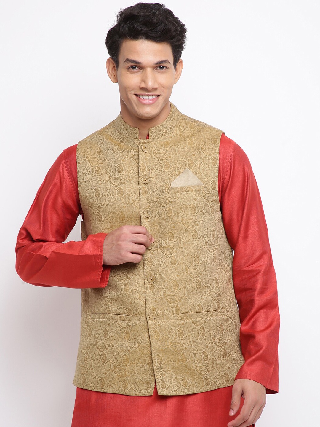 

Fabindia Men Beige Printed Nehru Jackets