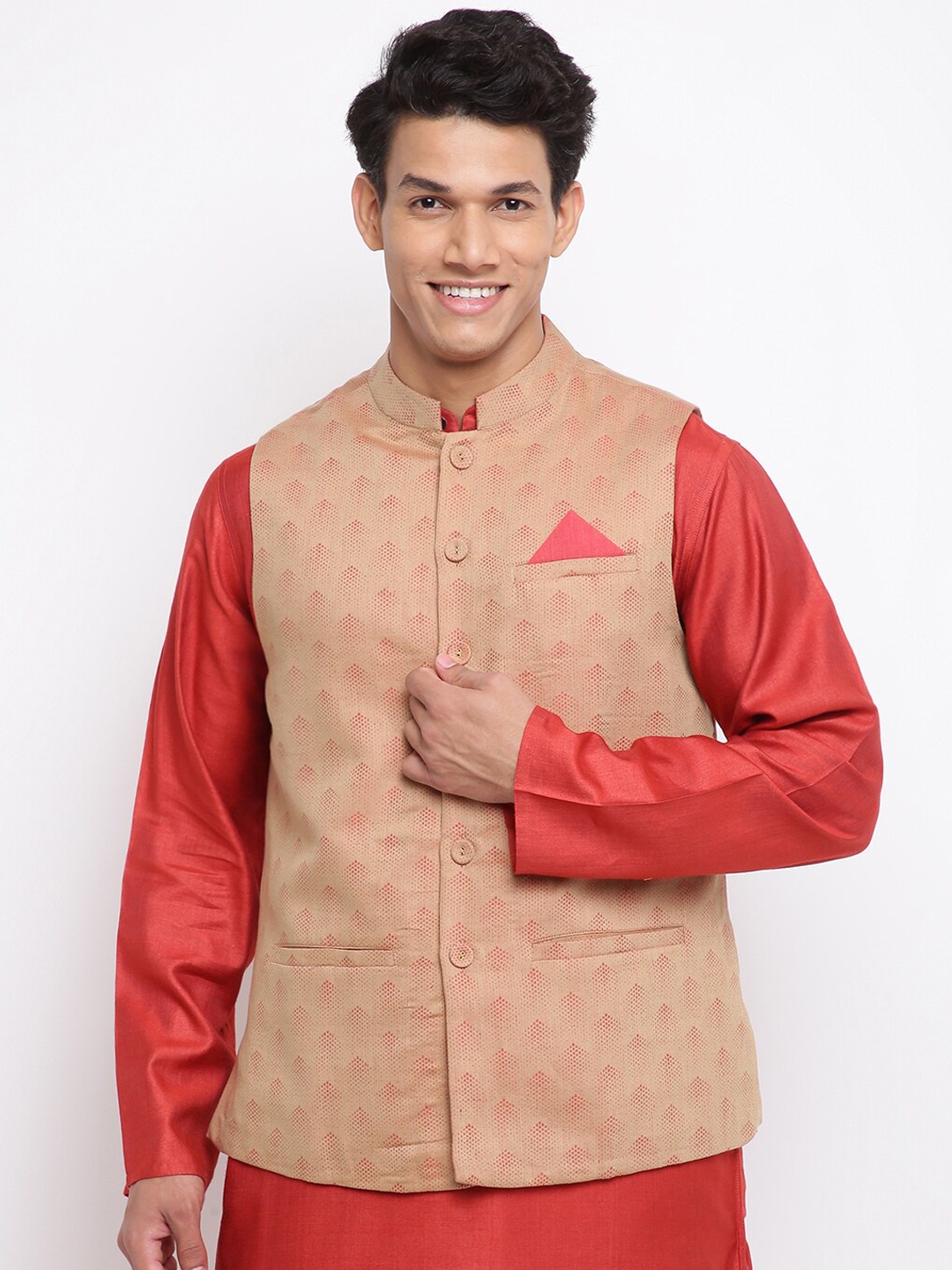 

Fabindia Men Gold-Toned Printed Woven Nehru Jackets