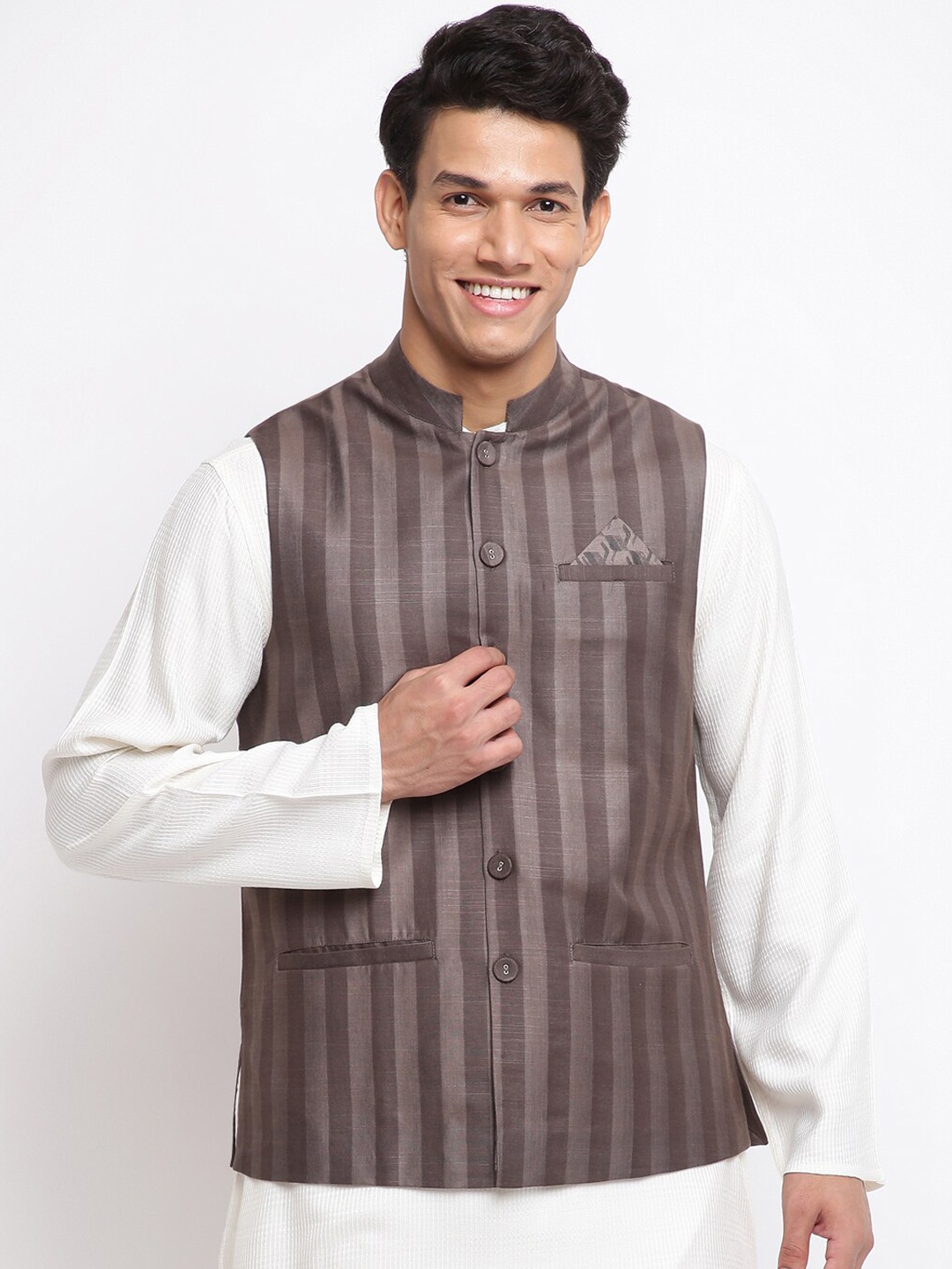 

Fabindia Men Grey Mandarin Collar Striped Nehru Jackets