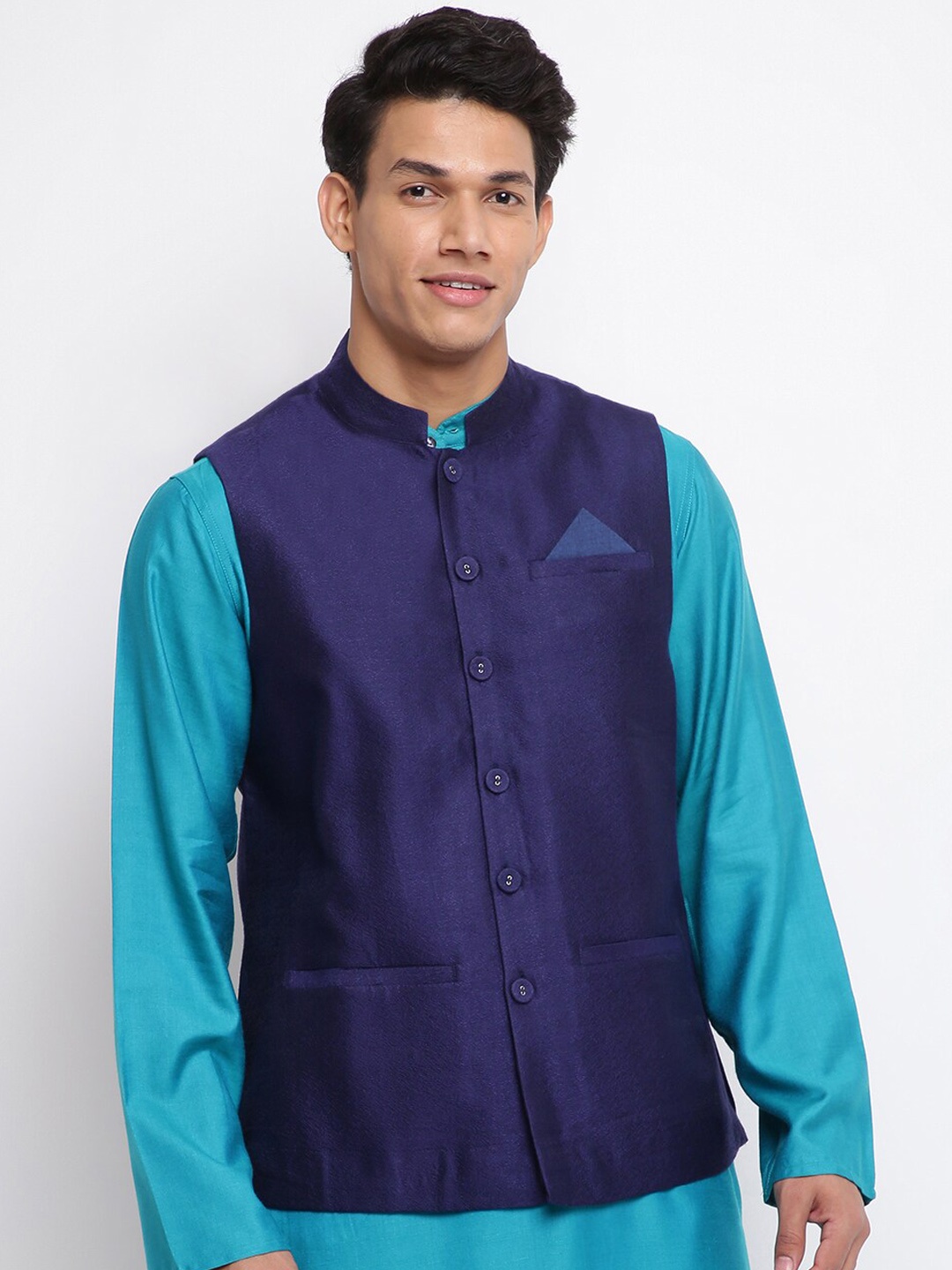 

Fabindia Men Navy Blue Woven Design Nehru Jacket