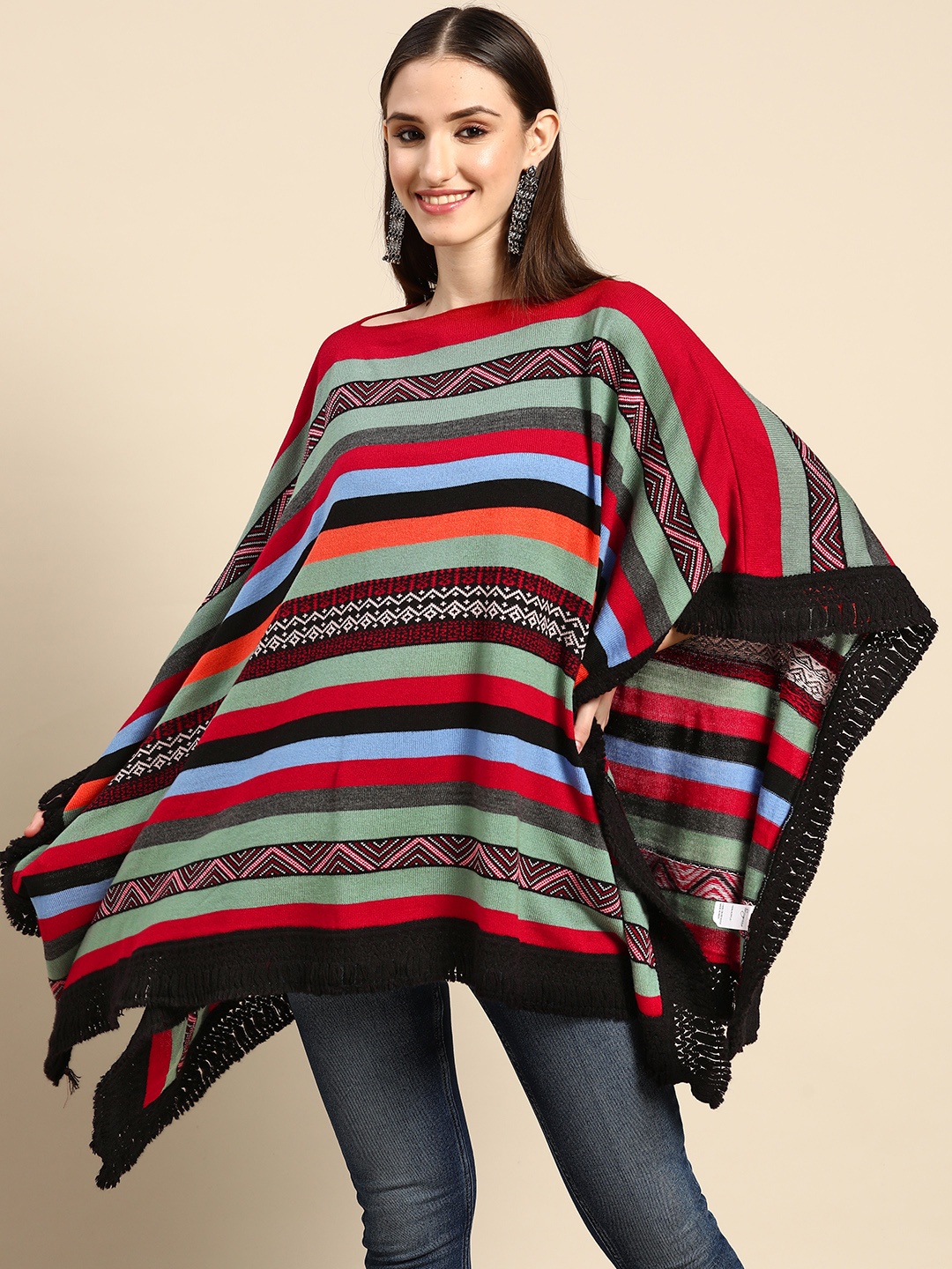 

Sangria Women Red & Blue Striped Longline Poncho