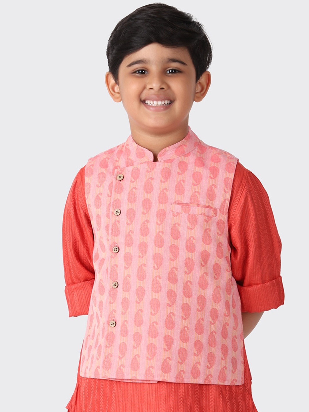 

Fabindia Boys Pink Printed Cotton Nehru Jacket