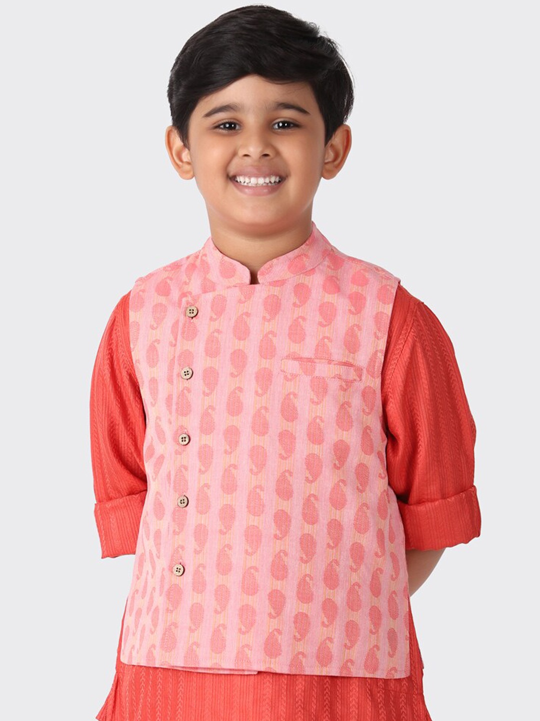 

Fabindia Kids Boys Pink Printed Pure-Cotton Woven Nehru Jackets