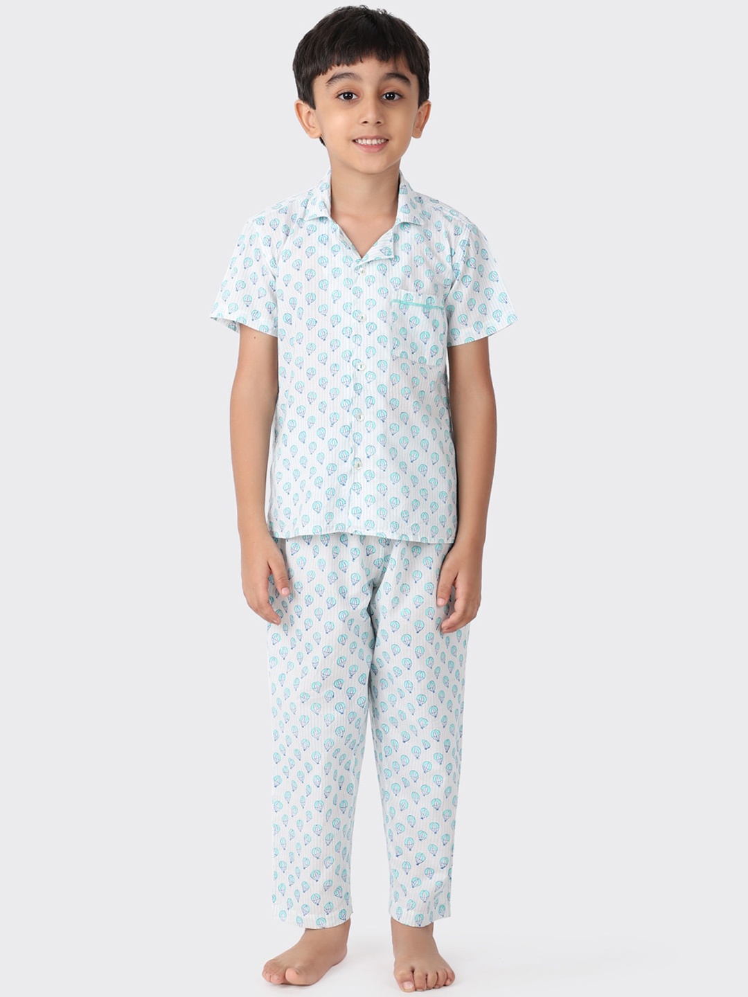

Fabindia Boys White & Blue Conversational Print Striped Pure Cotton Night suit
