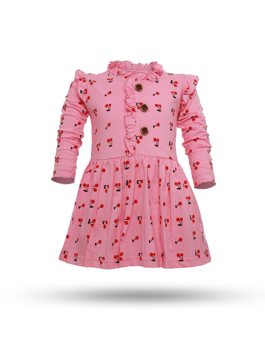 

CATCUB Girl's Pink Cherry Printed Frock Dress