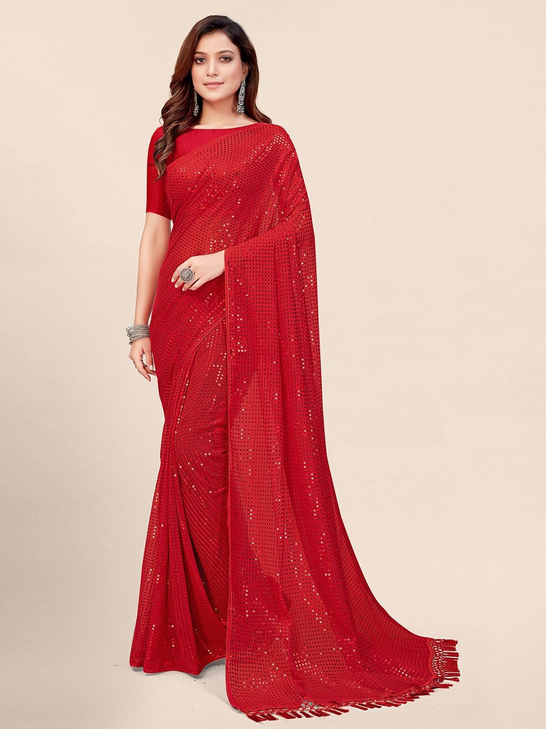 

Mitera Women Red Embellished Sequined Pure Georgette Saree