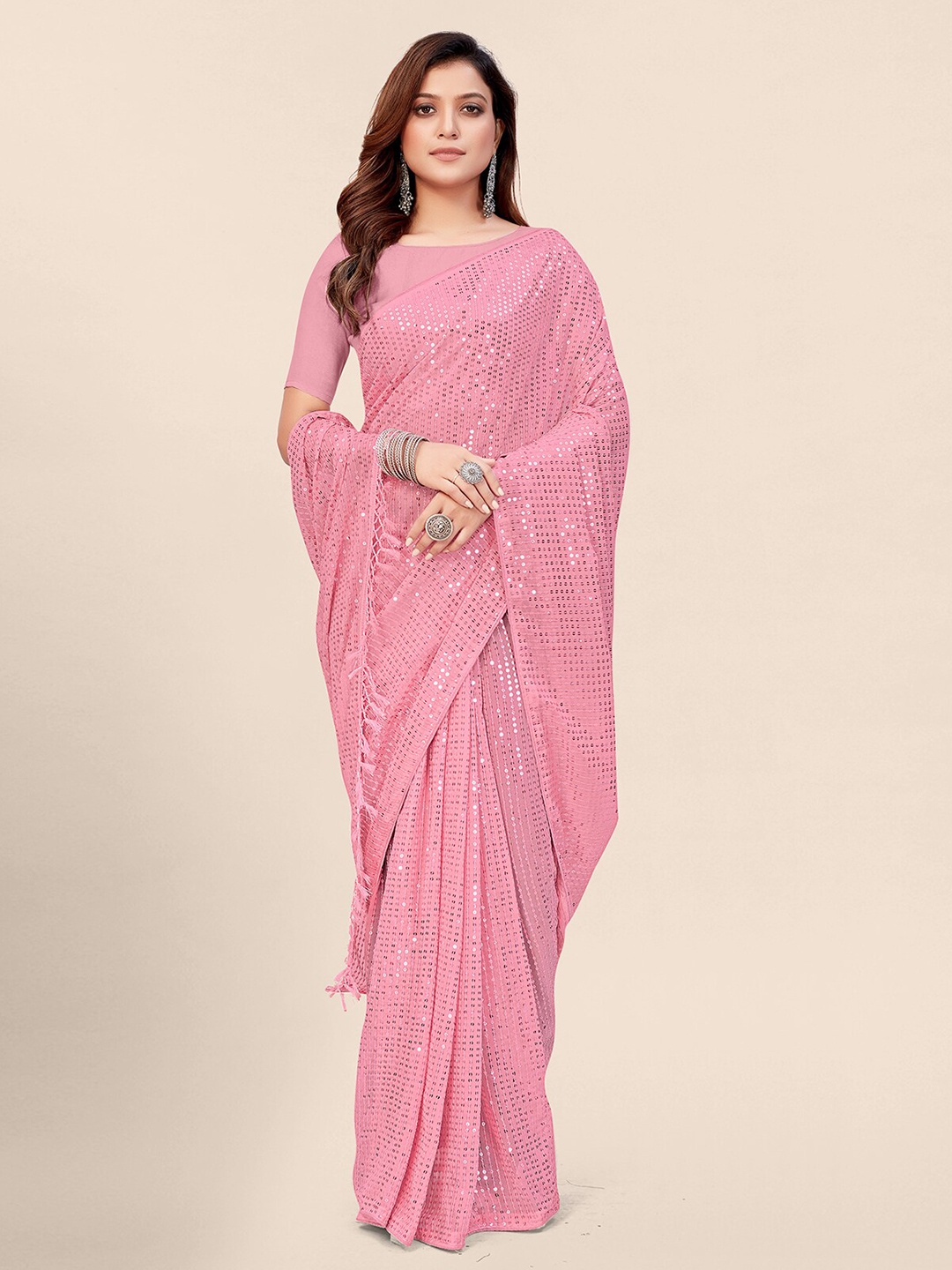

Mitera Women Pink Embellished Sequinned Pure Georgette Saree