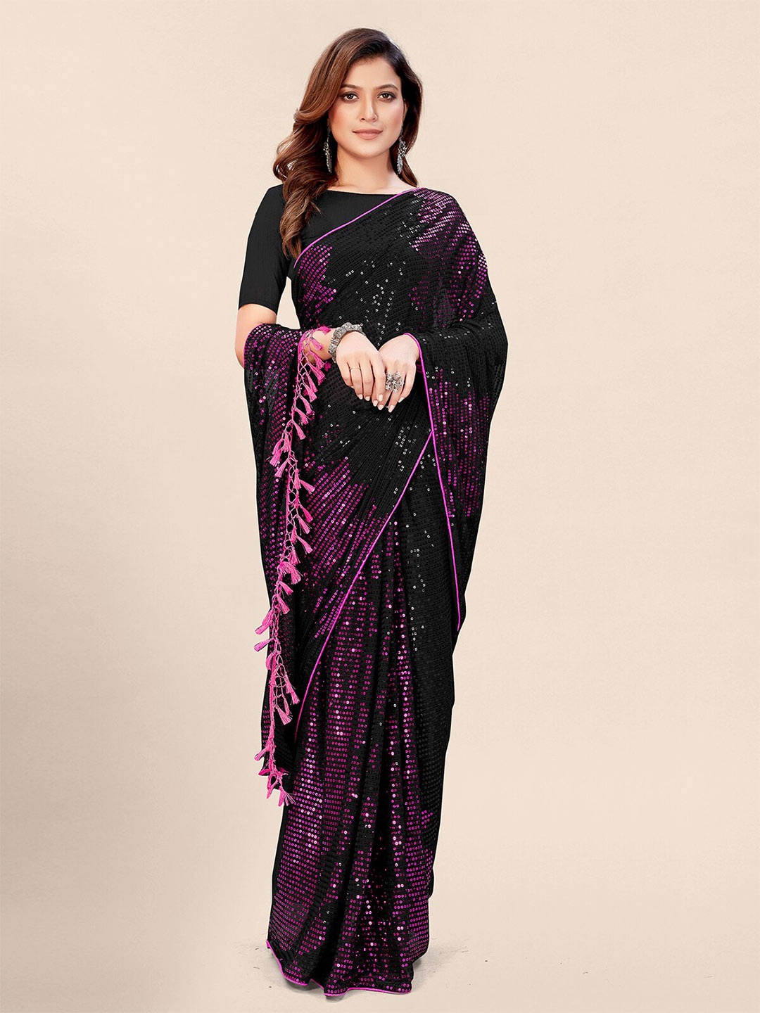 

Mitera Women Black Embellished Sequinned Pure Georgette Saree