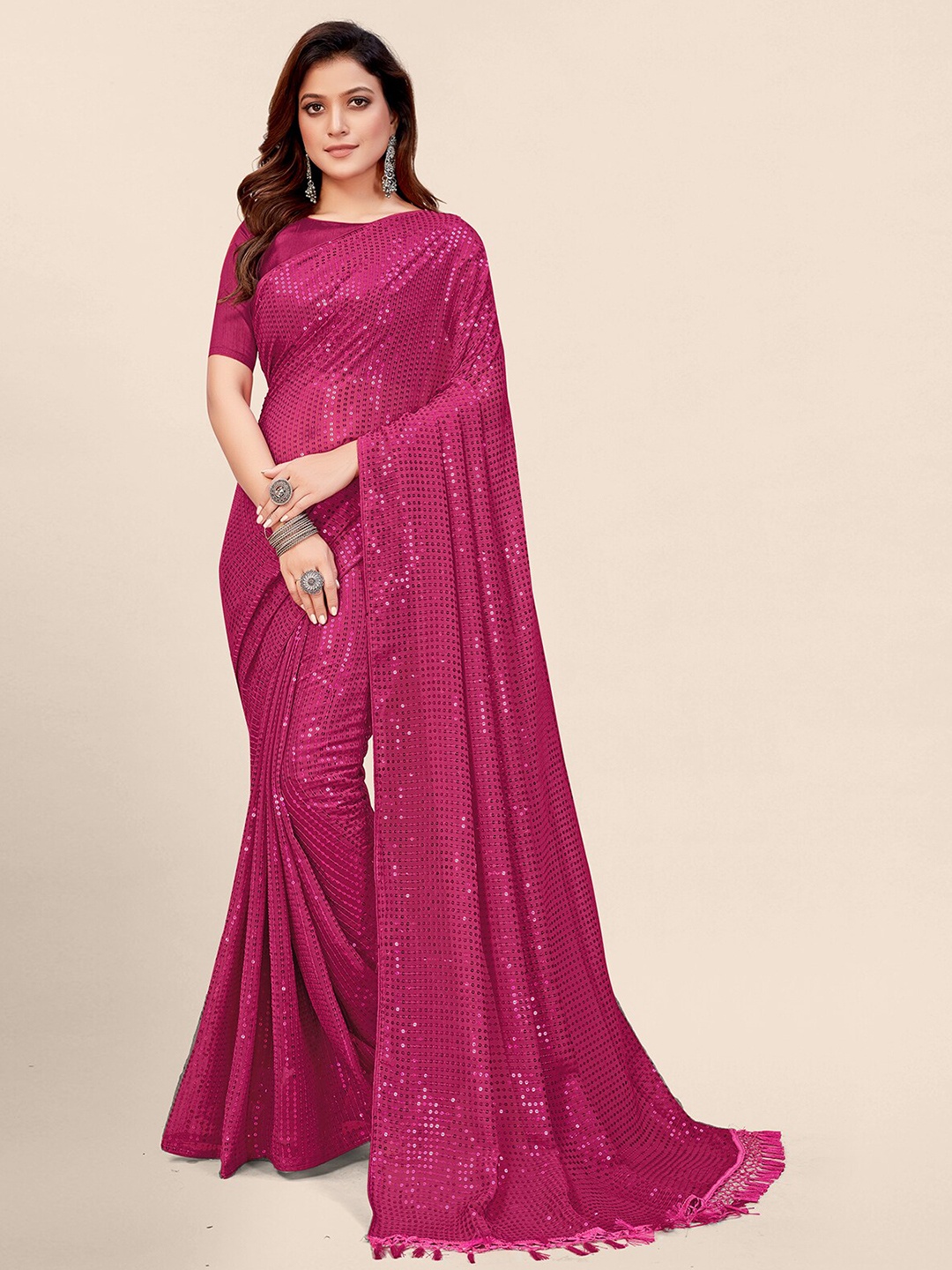 

Mitera Women Pink Embellished Sequinned Pure Georgette Saree