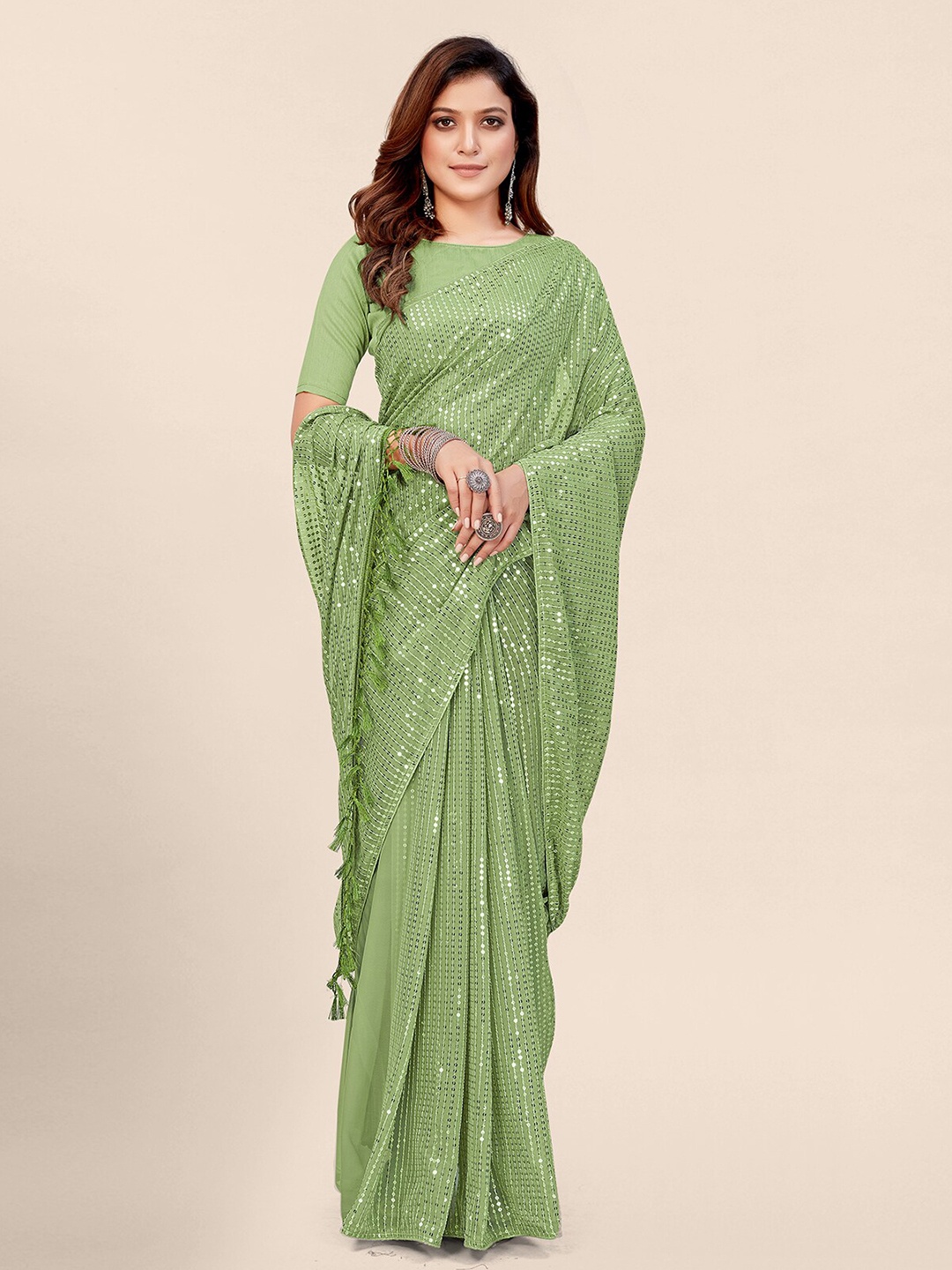 

Mitera Fluorescent Green Embellished Sequinned Pure Georgette Saree