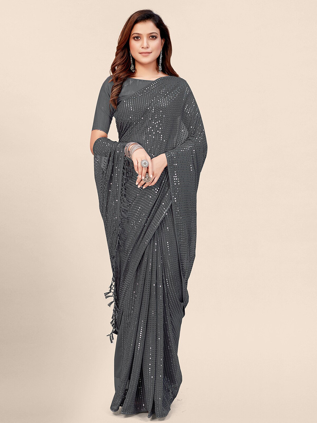 

Mitera Grey Embellished Sequinned Pure Georgette Saree