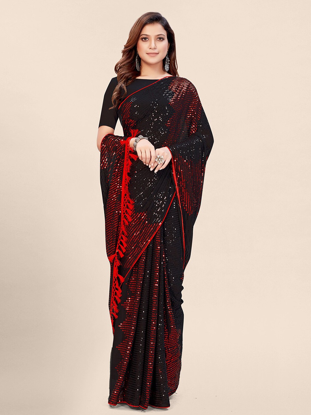 

Mitera Black & Red Embellished Sequinned Pure Georgette Saree