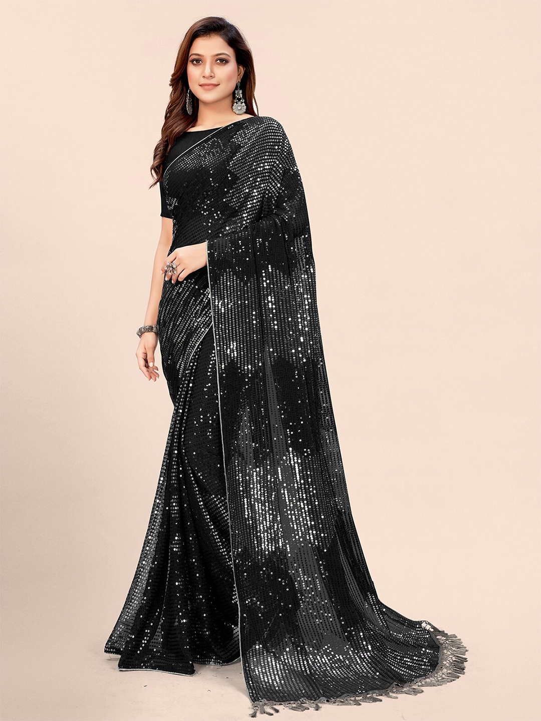 

Mitera Women Black Embellished Sequined Pure Georgette Saree