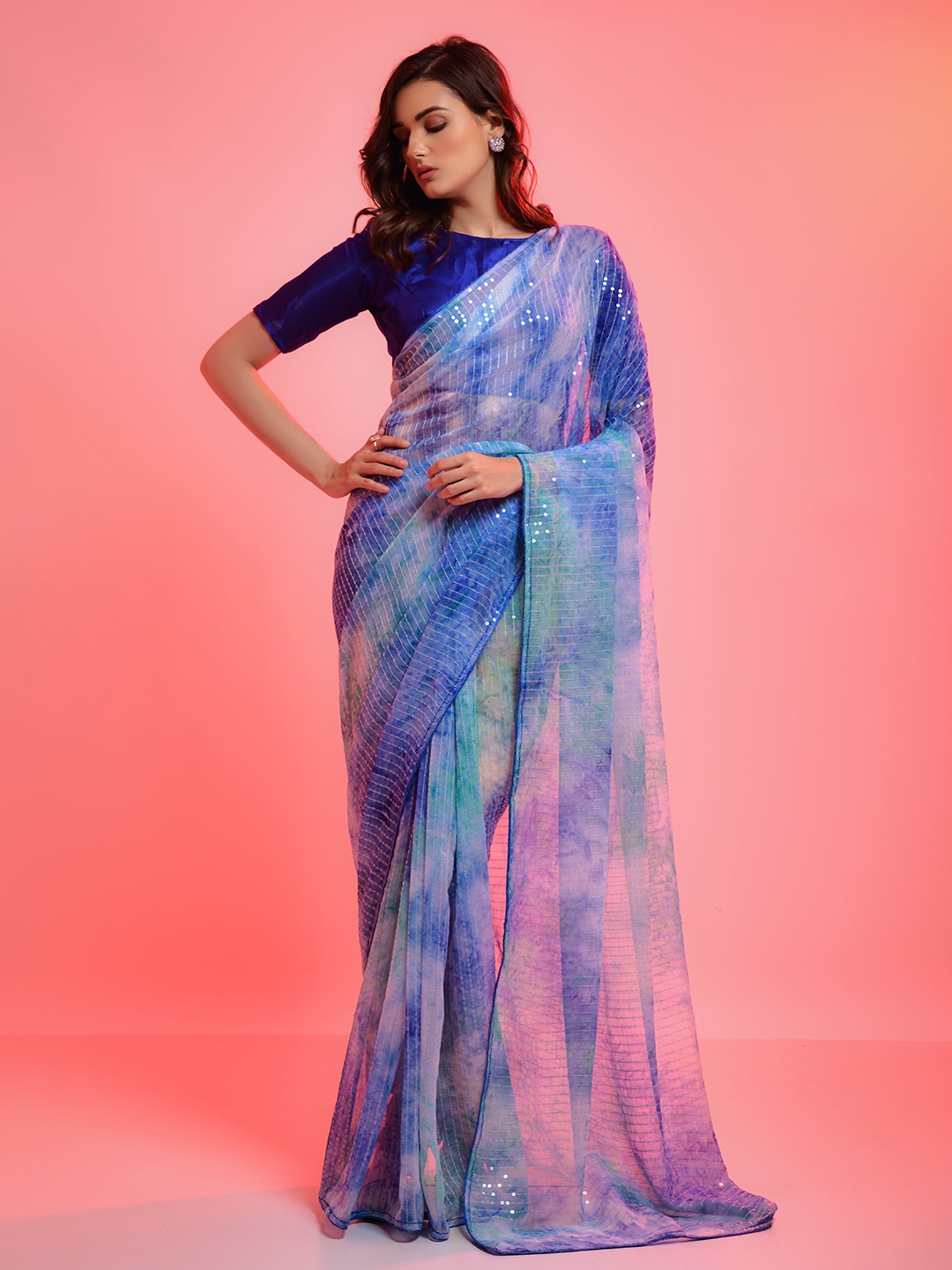 

all about you Blue & Green Striped Sequinned Saree