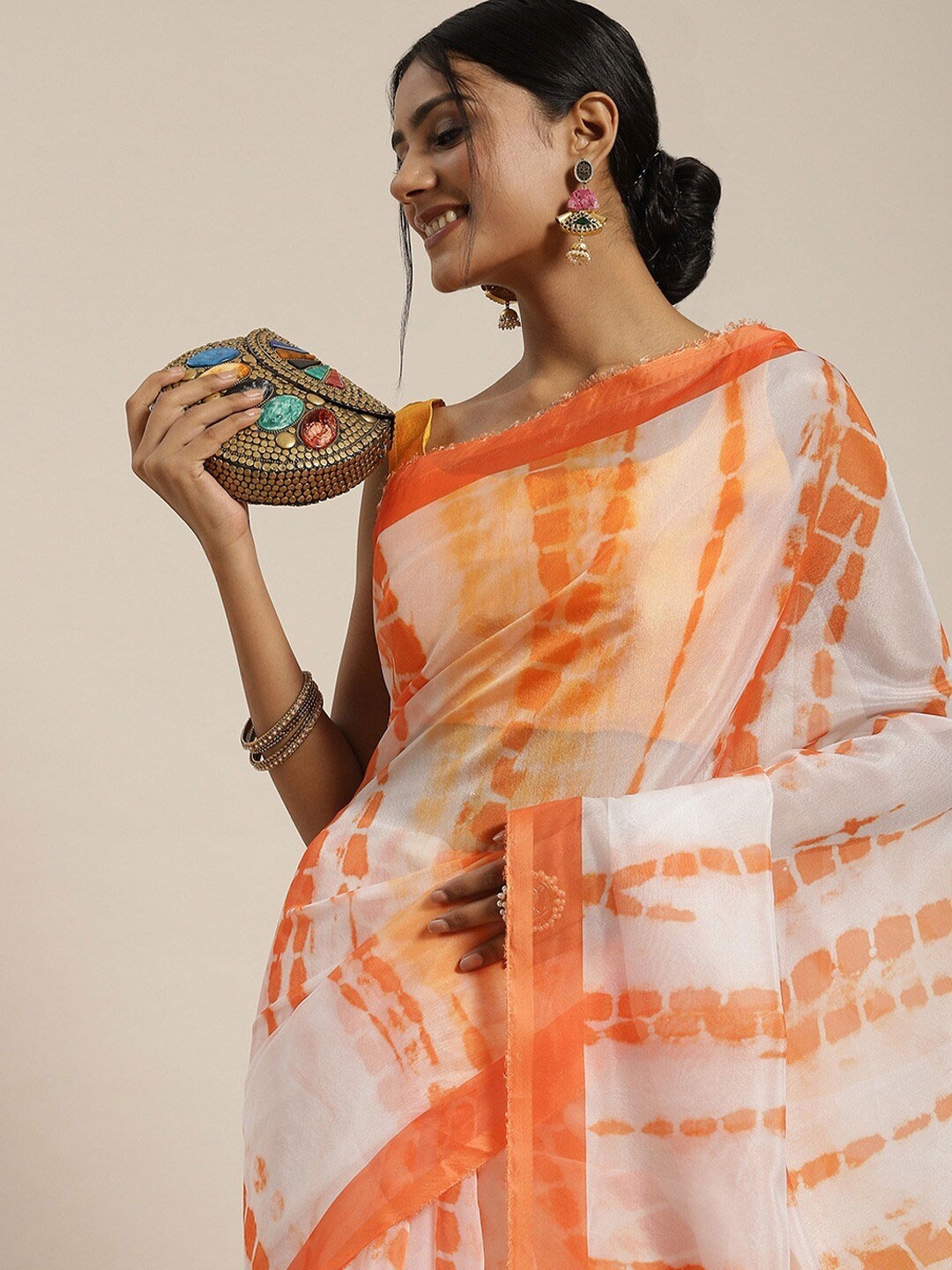 

all about you Orange & White Tie and Dye Organza Saree