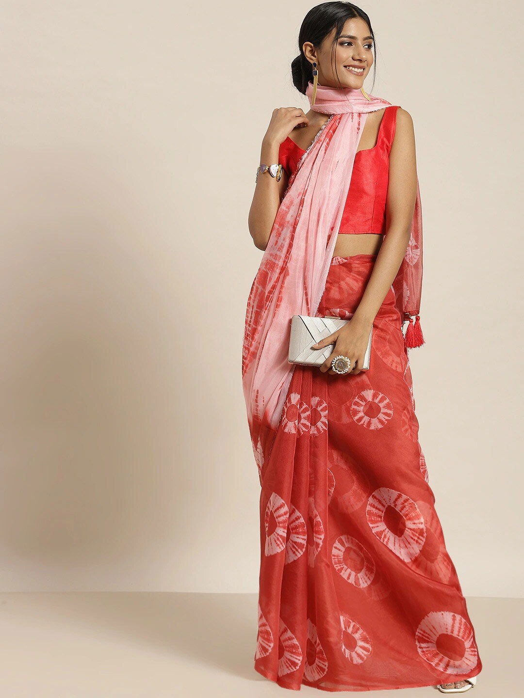 

all about you Women Red & White Tie and Dye Organza Saree