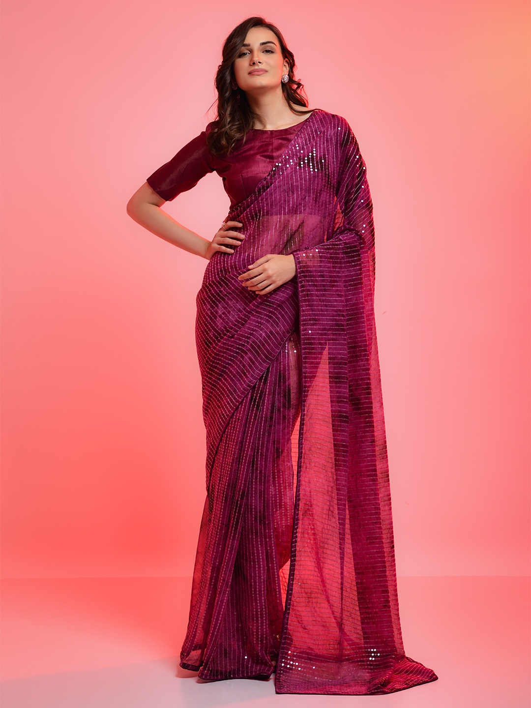 

all about you Women Purple Embellished Sequinned Chiffon Saree