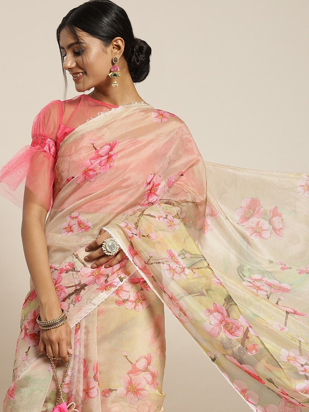 

all about you Green & Peach-Coloured Floral Organza Saree