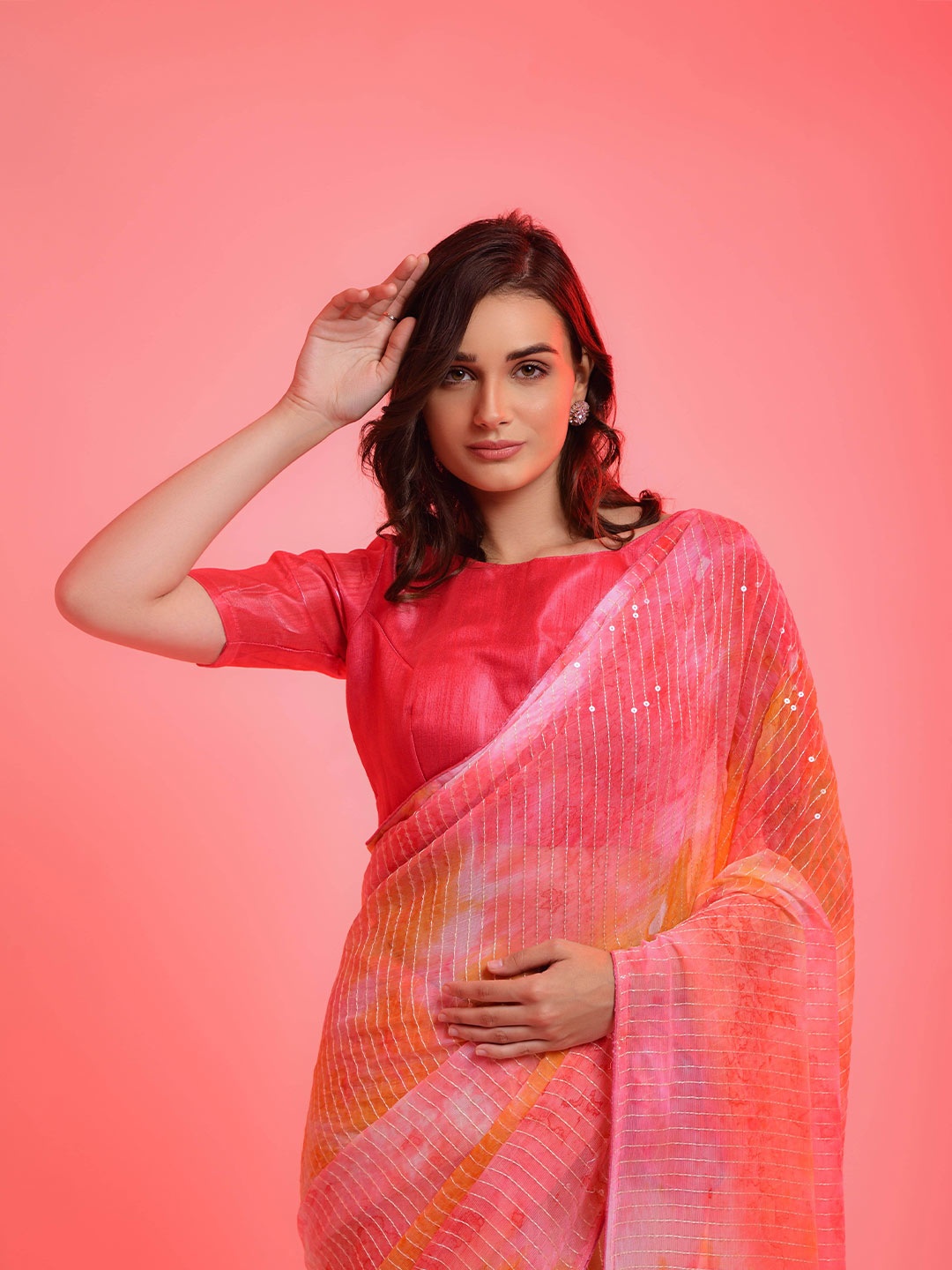 

all about you Orange & Pink Embellished Sequinned Saree