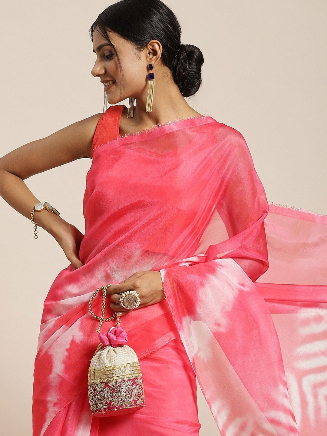 

all about you Pink & White Tie and Dye Organza Saree