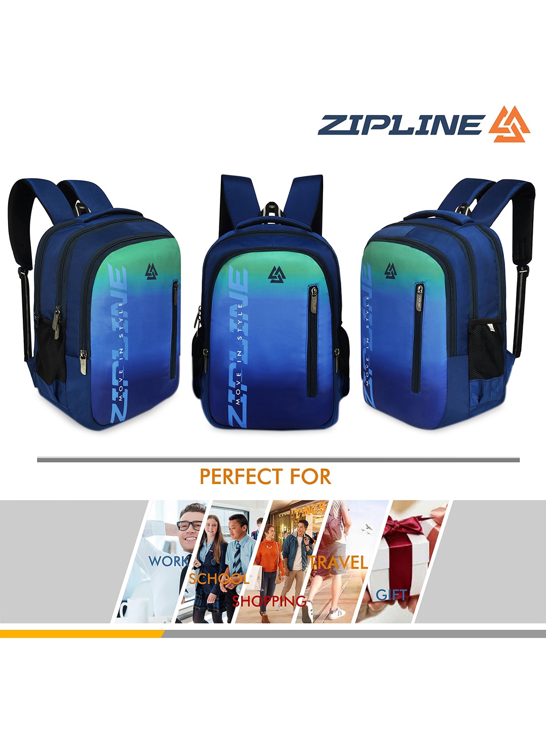 

ZIPLINE Unisex Blue & Green Colourblocked Backpack