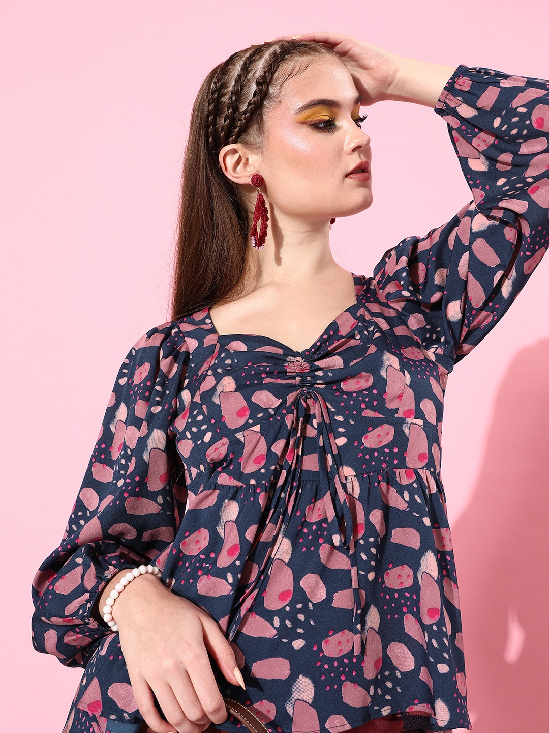 

Style Quotient Deep Navy Blue Abstract Fluid Tie-Up Top