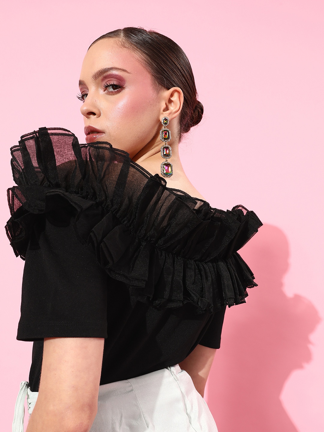 

Style Quotient Black Solid Feminine Frills Top