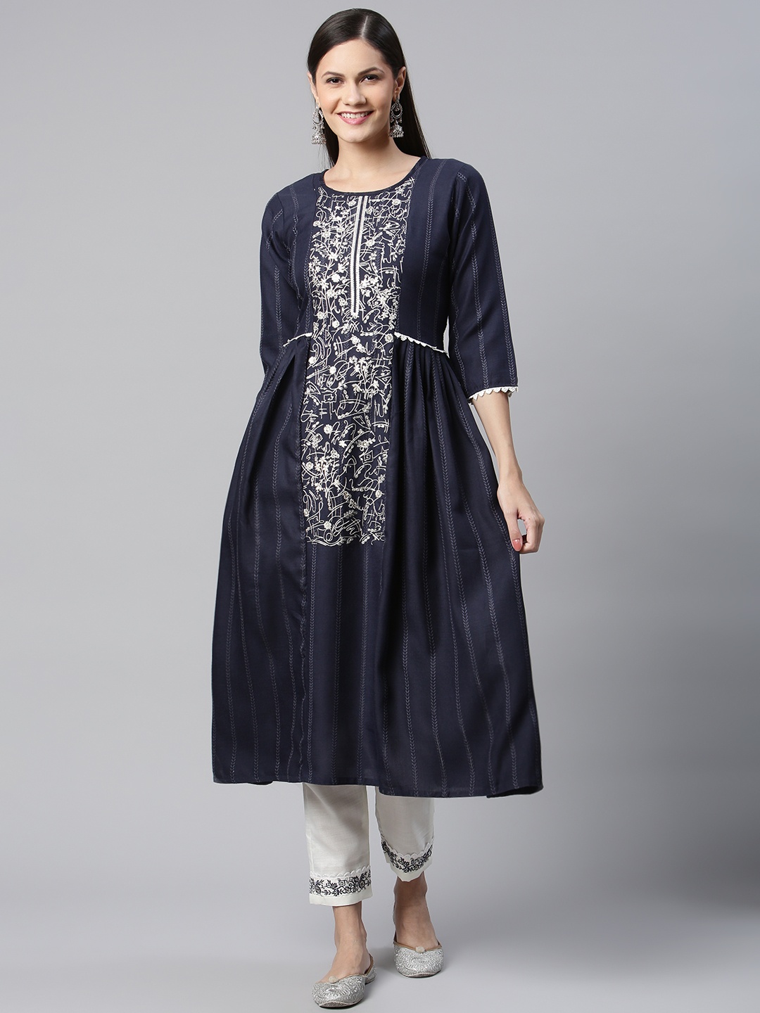 

SheWill Women Blue Floral Embroidered Pleated Sequinned Kurta with Trousers