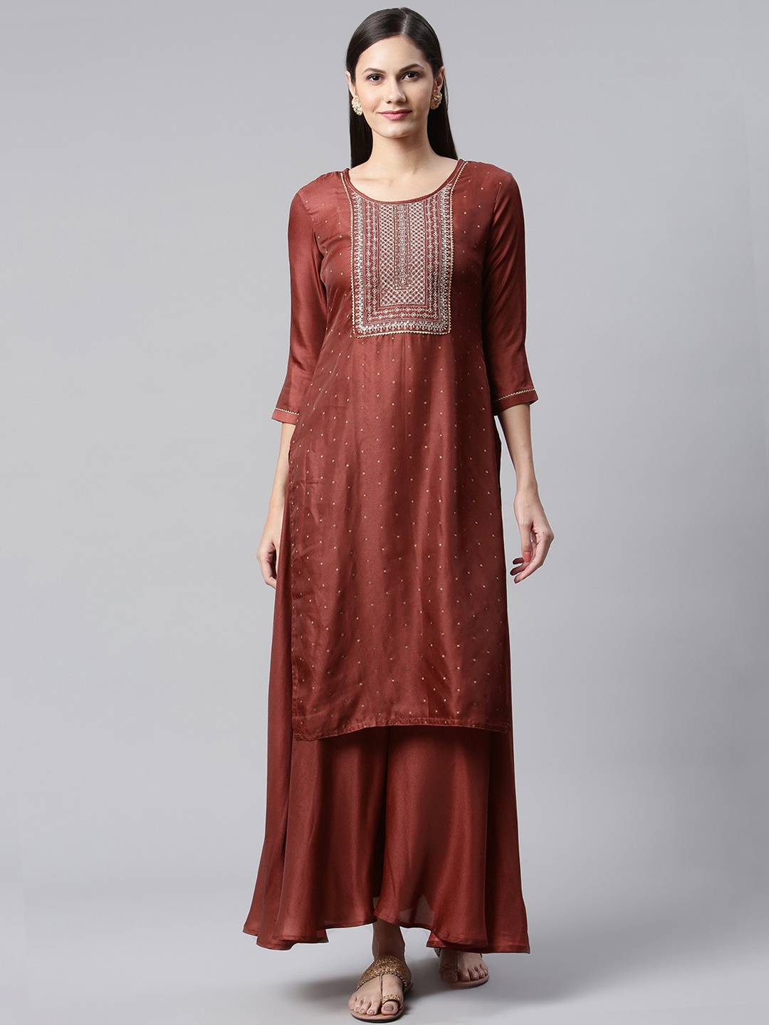 

SheWill Women Rust Ethnic Motifs Embroidered Gotta Patti Kurta with Palazzos