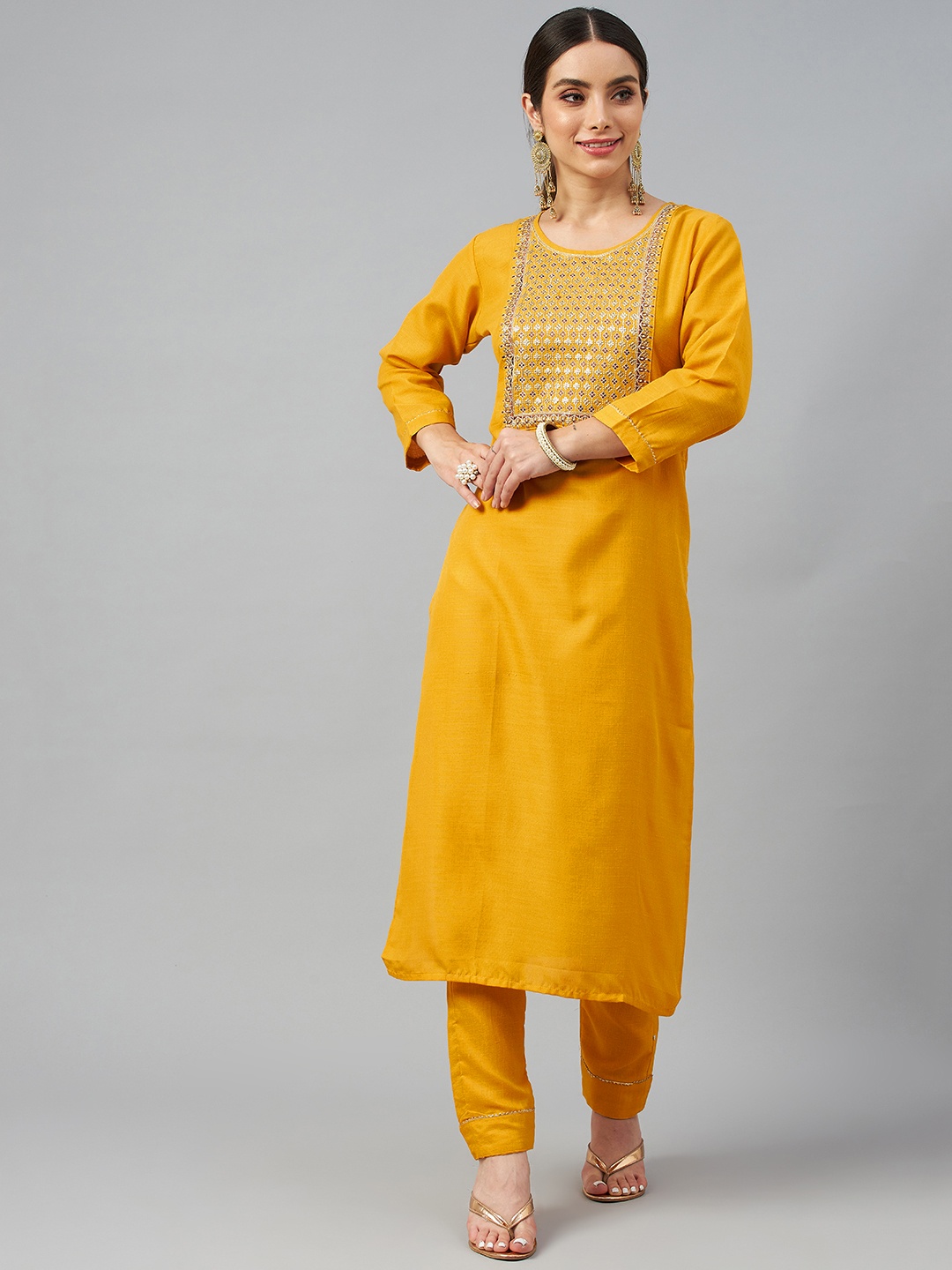 

SheWill Women Mustard Yellow Embroidered Sequinned Kurta with Trousers