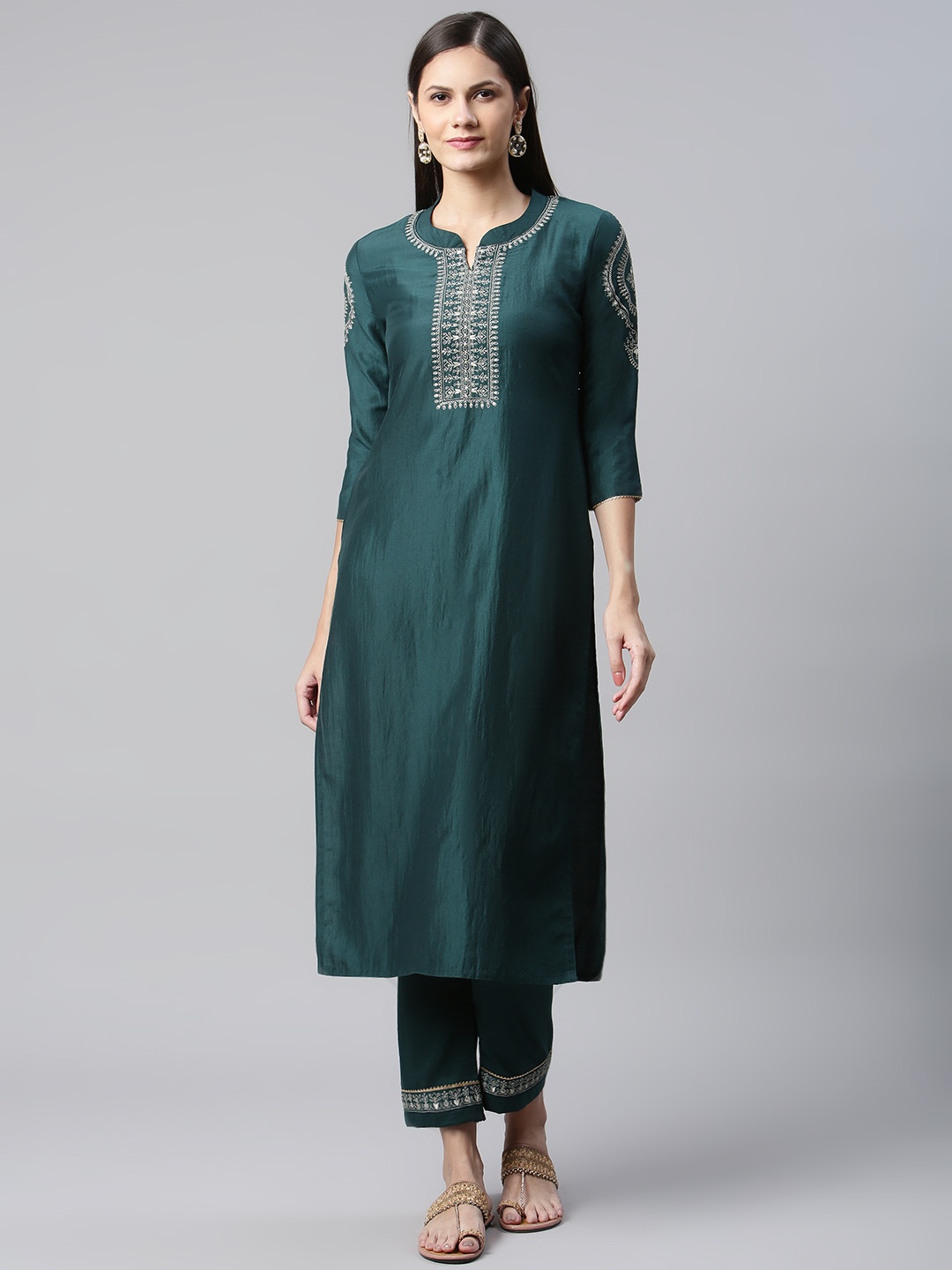 

SheWill Women Teal Embroidered Sequinned Kurta with Trousers