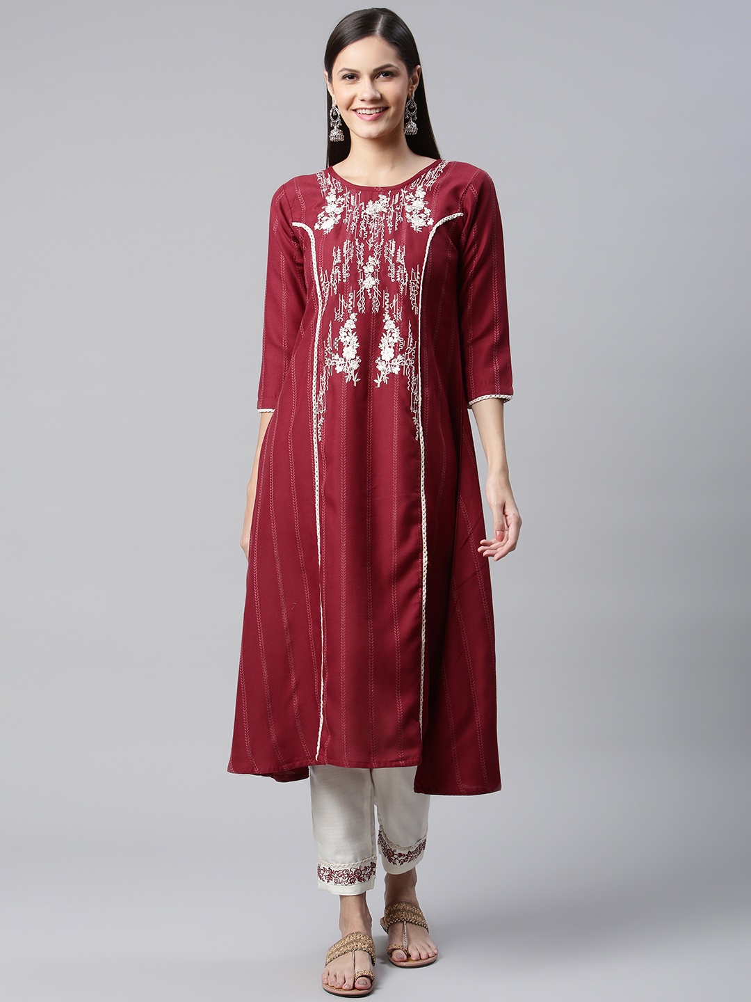 

SheWill Women Maroon Floral Embroidered Pleated Sequinned Kurta with Trousers