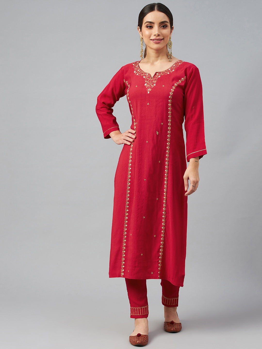 

SheWill Women Red Floral Embroidered Sequinned Kurta with Trousers