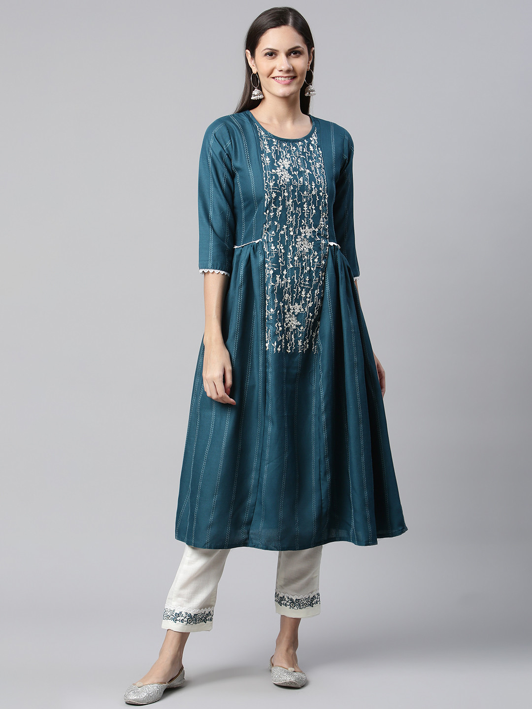

SheWill Women Teal Floral Embroidered Pleated Sequinned Kurta with Trousers