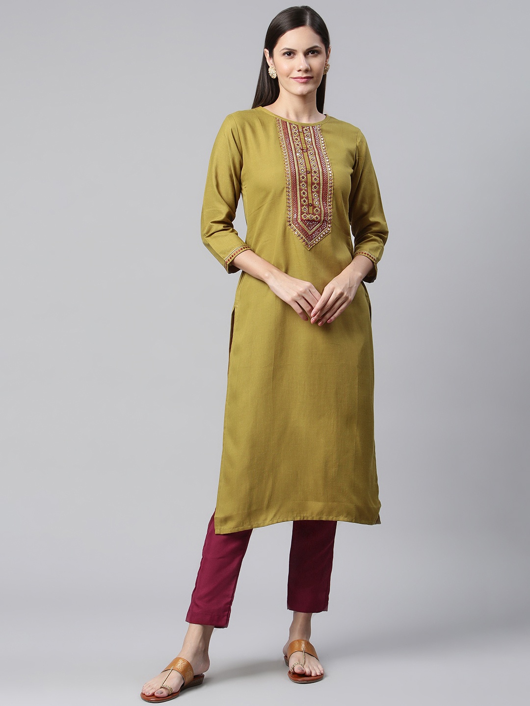 

SheWill Women Olive Green Ethnic Motifs Embroidered Sequinned Kurta with Trousers